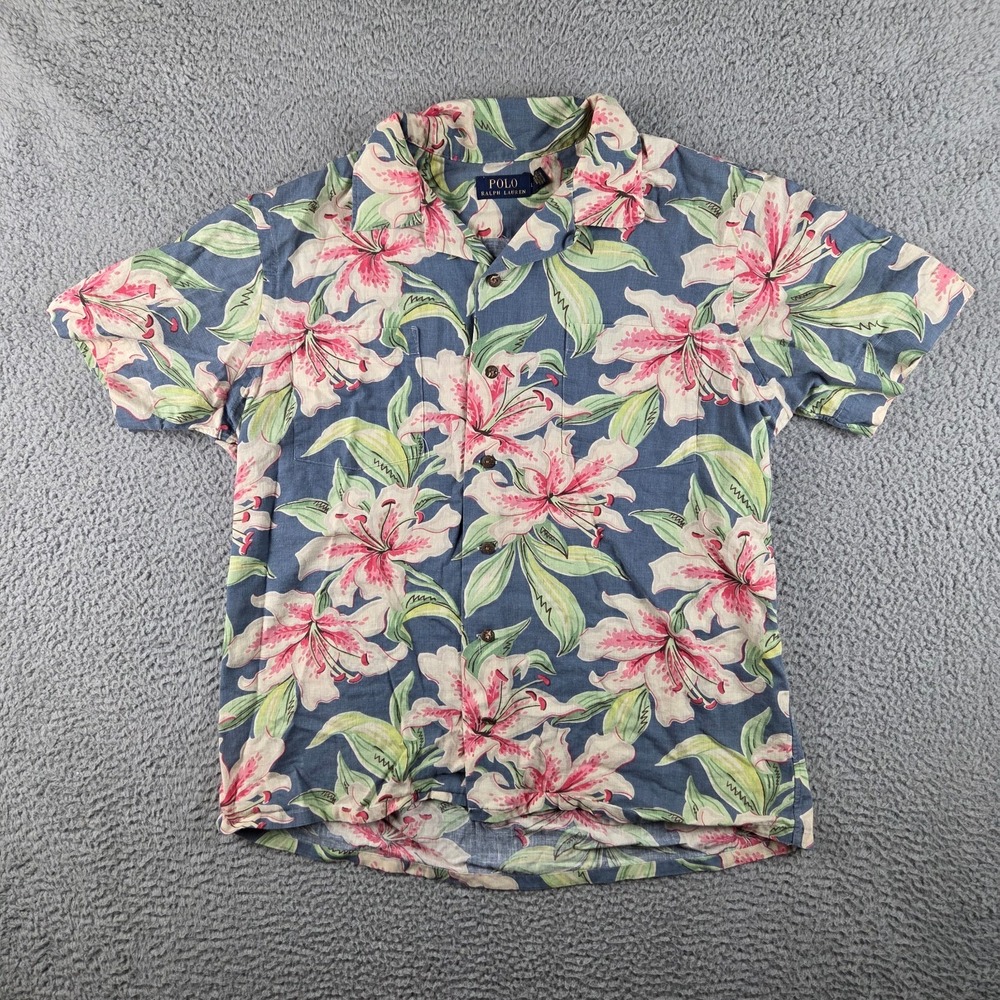 Polo Ralph Lauren Shirt Large Blue Green Camp Hawaiian Linen Blend Loop Collar